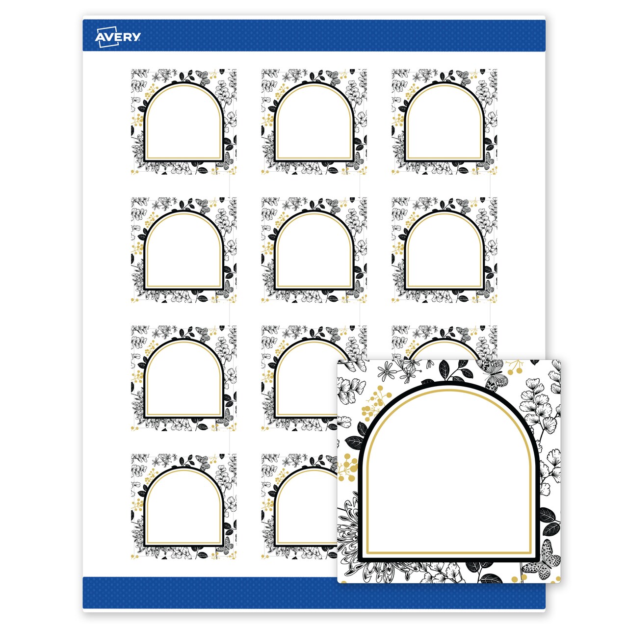 Avery Printable Square Labels, 2" x 2", Matte White, Pre-printed Arched Gold & Black Florals Design, Sure Feed Technology, Laser & Inkjet Compatible, 240 Total
